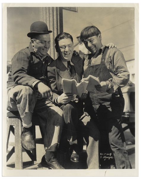 Moe Howard Personally Owned 8'' x 10'' Glossy Photo From 1935 of Moe and Curly With Shemp on the Columbia Lot -- Very Good Condition